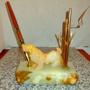 Mario Jason Brutalist Onyx Spaniel Sculpture w/Pen Holder & Copper Gull & Reeds.